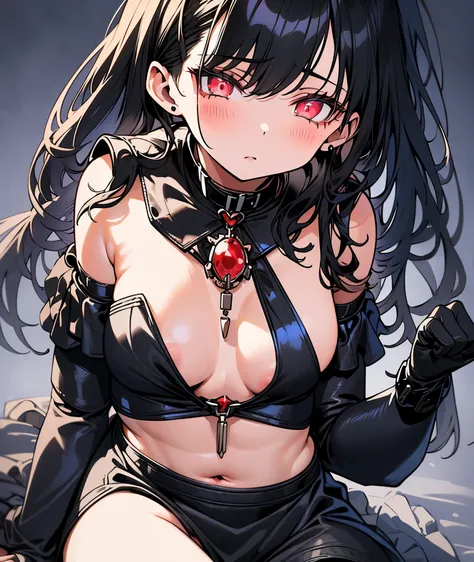 nipple, nsfw, nipple piercing, orgasm, {portrait}, best quality, 1girl, shiny skin, {{black armor, highleg leotard, black leotard, black thighhighs, black gloves, skin tight, detailed eyes}}, {expressionless}, {{{best quality, amazing quality, very aesthet...