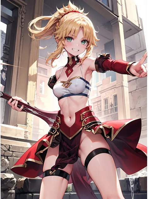 best quality, integrated scenery, integrated background, extremely delicate and beautiful, meticulous details, good composition, cute face, perfect face, perfect hands ,Masterpiece, Best Quality, illustration, city street, 1girl, Mordred (fate), collarbone...