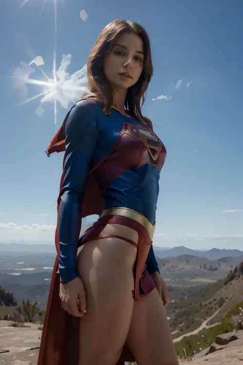 realistic image of supergirl wearing a sexy transparent skimpy top, a skimpy mini skirt, cape, very sexy and skimpy, standing on the top of a mountain, cinematic, 8k, she is wearing a sexy supergirl uniform