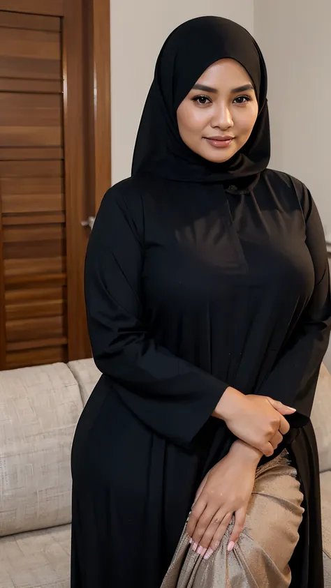 indonesian woman,((40 years old)), beautiful face, tan skin, abaya, muslim dress, muslim abaya, curvy body, soft smile, sweet face, living room, big ass, hijab, muslim, big breast