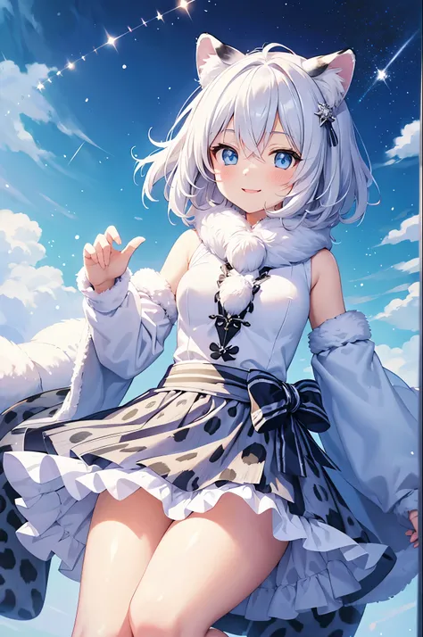 Snow Leopard,  girl,  anime illustration ,  skirt,Fluffy glitter,smile,  animal ears  ,white only  ,Fluffy,whole body,  short hair , light blue eyes 