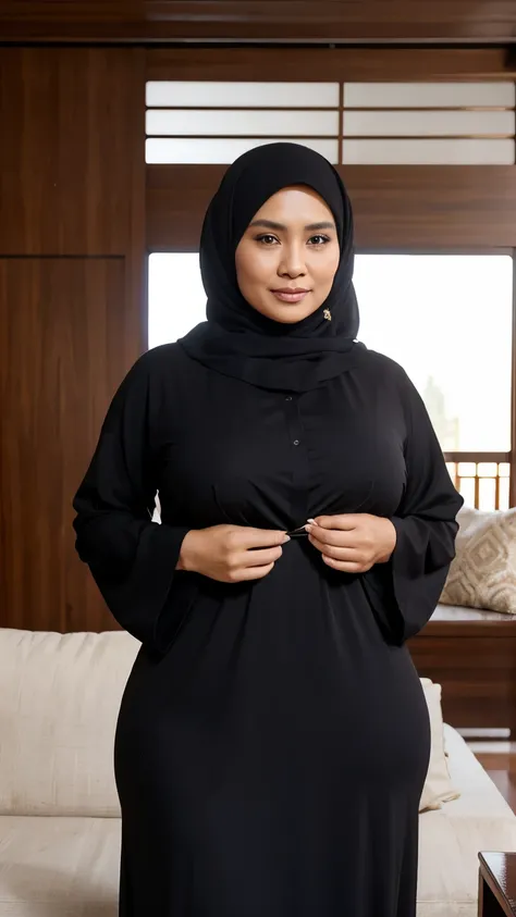 indonesian woman,((40 years old)), beautiful face, tan skin, abaya, muslim dress, muslim abaya, curvy body, soft smile, sweet face, living room, big ass, hijab, muslim, big breast