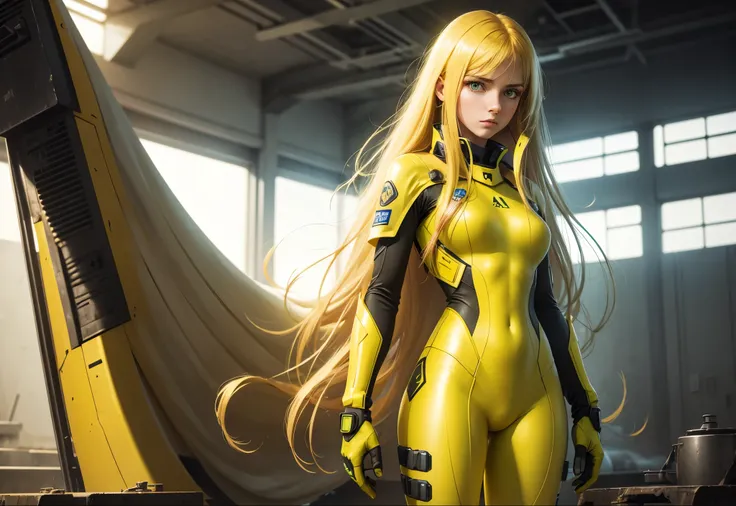 Alone, woman, standing,  High resolution yellow radiation protection suit a heroine, HD long hair ,  ultra realistic green eyes