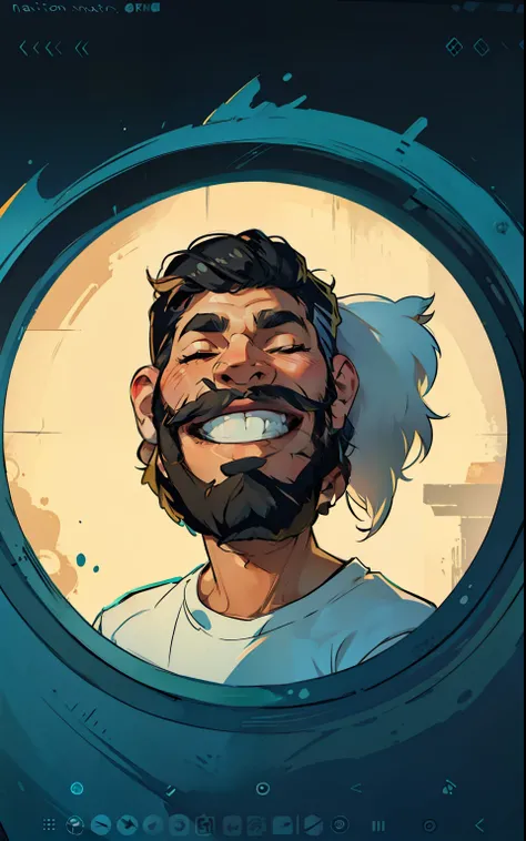 man,  cartoon style, smiling, eyes closed, black hair and beard.