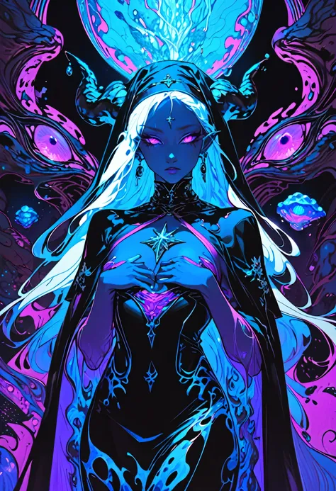 (limited palette:neon blue and violet ),sexy nun, black woman, bare chested, devil horns (large), highly detailed, dmt, witch, geodes, glowing eyes, light flowing in and out of her body, flowing glowing water, metal, frog, art nouveau