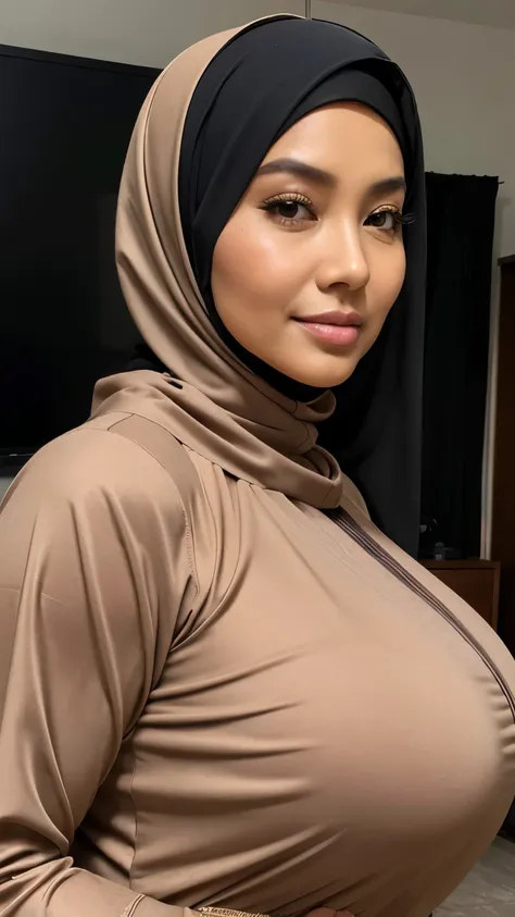 indonesian woman,((50 years old)), beautiful face, tan skin, abaya, muslim dress, muslim abaya, curvy body, soft smile, sweet face, living room, big ass, hijab, muslim, big breast