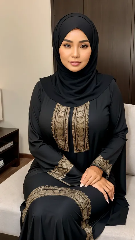 indonesian woman,((50 years old)), beautiful face, tan skin, abaya, muslim dress, muslim abaya, curvy body, soft smile, sweet face, living room, big ass, hijab, muslim, big breast, sitting, mature look, mature women, wardrobe malfunction 