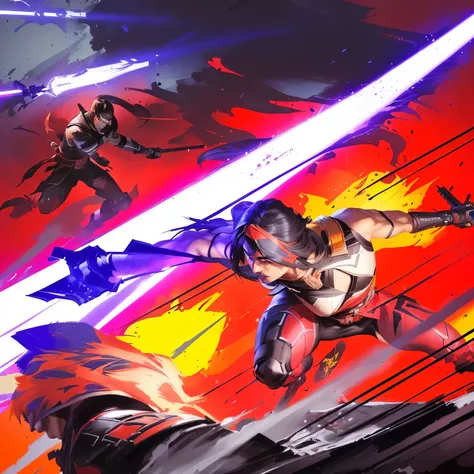 a painting of two men fighting over a red and yellow background, john watkiss, katana zero video game character, holding a lightsabre. splash art, by Lisa Nankivil, psylocke, wielding kunai, fighting game character, darth revan, details, epic graphic novel...