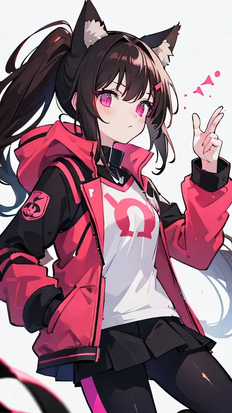   anime cat ear cat tail dark brown hair, dark brown fur, Young ,  black coat with neon shock pink details ,  white uniform shirt inside , inner part of the red coat ,  futuristic theme without background , anime, 1girl,  black pants , short black skirt,  ...