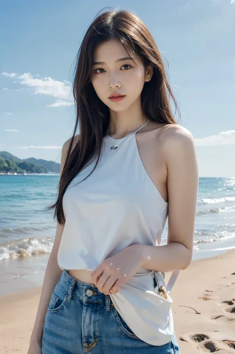 People with a slender but very well-balanced figure . Woman takes pictures , It can be compared to professional lighting in a beautiful studio {x} marked with thin mosaic cords in 3 important places Its broken.(( Korean Beauty ))(( Beach with blue sky and...