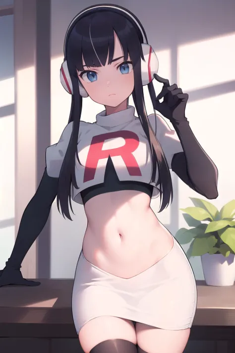 masterpiece, best quality, bw2elesa, black hair, blue eyes, streaked hair, long sidelocks, hair ornaments, headphones, team rocket,team rocket uniform,white skirt,red letter R,crop top,black thigh-highs,black elbow gloves, looking at viewer, 