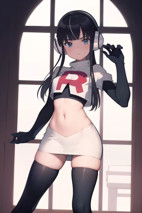 masterpiece, best quality, bw2elesa, black hair, blue eyes, streaked hair, long sidelocks, hair ornaments, headphones, team rocket,team rocket uniform,white skirt,red letter R,crop top,black thigh-highs,black elbow gloves, looking at viewer, 