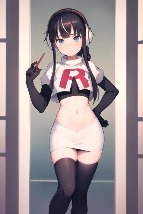 masterpiece, best quality, bw2elesa, black hair, blue eyes, streaked hair, long sidelocks, hair ornaments, headphones, team rocket,team rocket uniform,white skirt,red letter R,crop top,black thigh-highs,black elbow gloves, looking at viewer, 