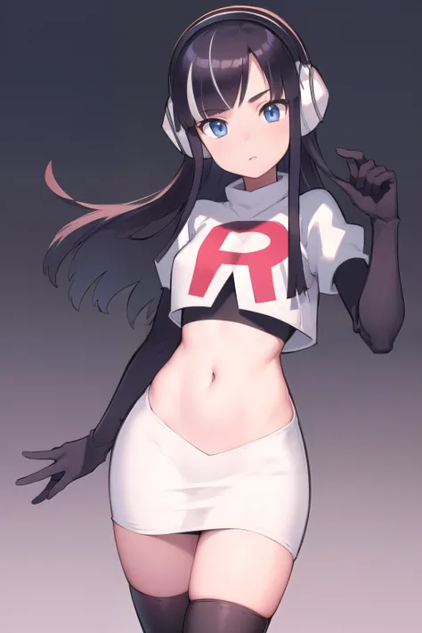 masterpiece, best quality, bw2elesa, black hair, blue eyes, streaked hair, long sidelocks, hair ornaments, headphones, team rocket,team rocket uniform,white skirt,red letter R,crop top,black thigh-highs,black elbow gloves, looking at viewer, 