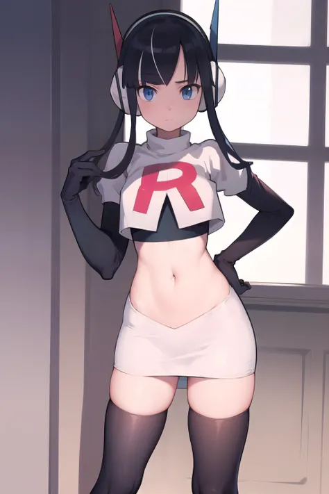 masterpiece, best quality, bw2elesa, black hair, blue eyes, streaked hair, long sidelocks, hair ornaments, headphones, team rocket,team rocket uniform,white skirt,red letter R,crop top,black thigh-highs,black elbow gloves, looking at viewer, 