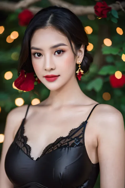 8k, RAW photo, Fujifilm, style photo of a beautiful 45 year old woman, square face, a red rose on the neck, wearing black lace dress with red, golden earrings, strong features like a spinning dove, (highly detailed skin: 1.2), medium brown hair with lights...