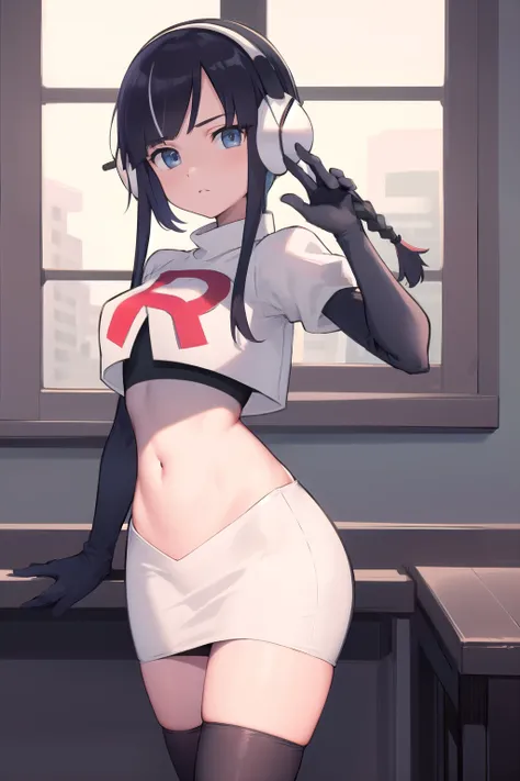 masterpiece, best quality, bw2elesa, black hair, blue eyes, streaked hair, long sidelocks, hair ornaments, headphones, team rocket,team rocket uniform,white skirt,red letter R,crop top,black thigh-highs,black elbow gloves, looking at viewer, 