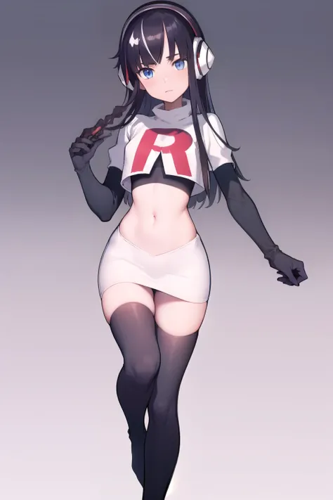 masterpiece, best quality, bw2elesa, black hair, blue eyes, streaked hair, long sidelocks, hair ornaments, headphones, team rocket,team rocket uniform,white skirt,red letter R,crop top,black thigh-highs,black elbow gloves, looking at viewer, 