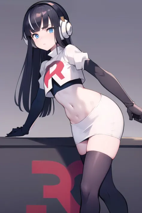 masterpiece, best quality, bw2elesa, black hair, blue eyes, streaked hair, long sidelocks, hair ornaments, headphones, team rocket,team rocket uniform,white skirt,red letter R,crop top,black thigh-highs,black elbow gloves, looking at viewer, 