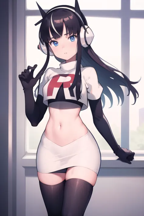 masterpiece, best quality, bw2elesa, black hair, blue eyes, streaked hair, long sidelocks, hair ornaments, headphones, team rocket,team rocket uniform,white skirt,red letter R,crop top,black thigh-highs,black elbow gloves, looking at viewer, 