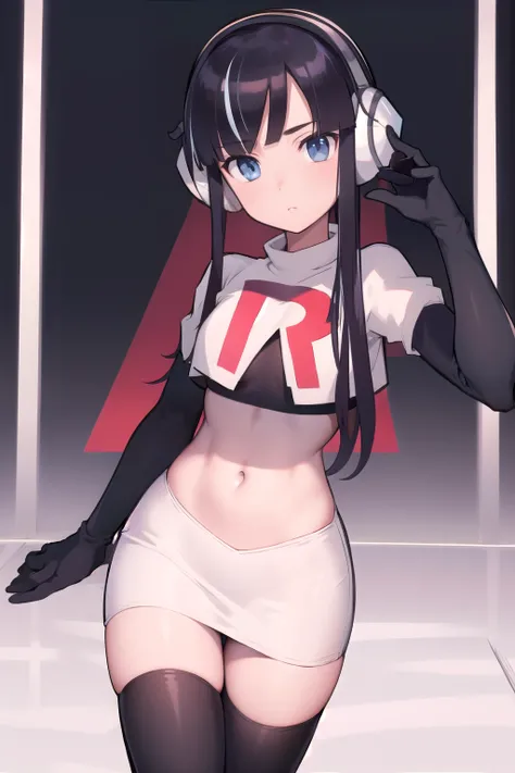 masterpiece, best quality, bw2elesa, black hair, blue eyes, streaked hair, long sidelocks, hair ornaments, headphones, team rocket,team rocket uniform,white skirt,red letter R,crop top,black thigh-highs,black elbow gloves, looking at viewer, 