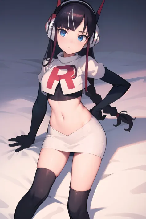 masterpiece, best quality, bw2elesa, black hair, blue eyes, streaked hair, long sidelocks, hair ornaments, headphones, team rocket,team rocket uniform,white skirt,red letter R,crop top,black thigh-highs,black elbow gloves, looking at viewer, 