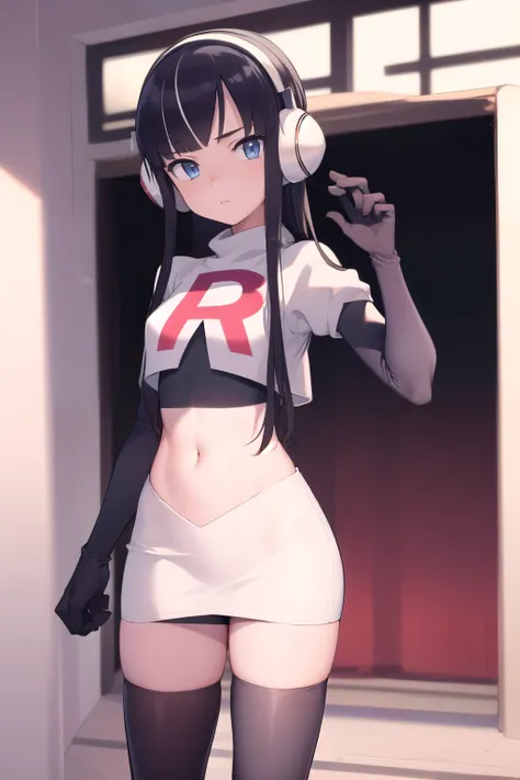 masterpiece, best quality, bw2elesa, black hair, blue eyes, streaked hair, long sidelocks, hair ornaments, headphones, team rocket,team rocket uniform,white skirt,red letter R,crop top,black thigh-highs,black elbow gloves, looking at viewer, 