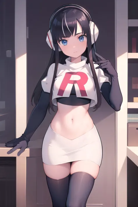 masterpiece, best quality, bw2elesa, black hair, blue eyes, streaked hair, long sidelocks, hair ornaments, headphones, team rocket,team rocket uniform,white skirt,red letter R,crop top,black thigh-highs,black elbow gloves, looking at viewer, 