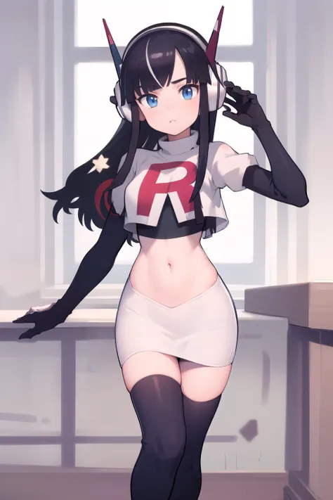 masterpiece, best quality, bw2elesa, black hair, blue eyes, streaked hair, long sidelocks, hair ornaments, headphones, team rocket,team rocket uniform,white skirt,red letter R,crop top,black thigh-highs,black elbow gloves, looking at viewer, 