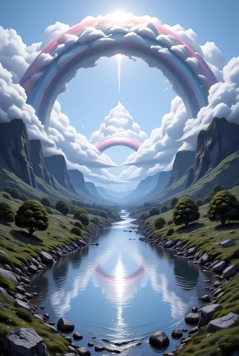 fantasy art, comic art, there is a magical rainbow  white clouds, into a placid lake, tranquil lake, the rainbow and the clouds are reflected in the lake, National Geography photoshoot,  high details, best quality, 16k, [ultra detailed], masterpiece, best ...
