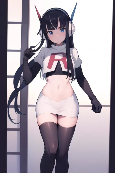 masterpiece, best quality, bw2elesa, black hair, blue eyes, streaked hair, long sidelocks, hair ornaments, headphones, team rocket,team rocket uniform,white skirt,red letter R,crop top,black thigh-highs,black elbow gloves, looking at viewer, 