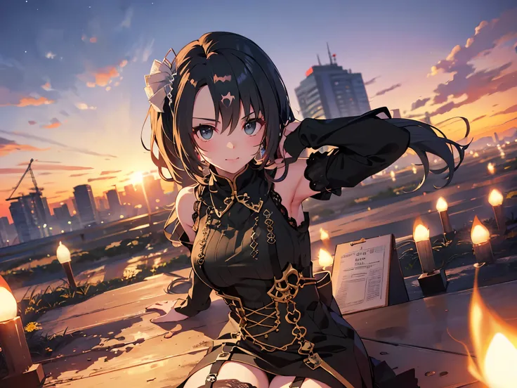 Alone, 1 Female, (Human Ear, Earring), ( black hair)、(Lying with one arm behind head), (Anime Face, ahegao), (Hair Accessory), (Pitch Black See-Through Dress, Pitch Black Ruffles, Pitch Black High Waist, garter belt), (Sunset Sky, Sunset, Evening Sky), (Fo...