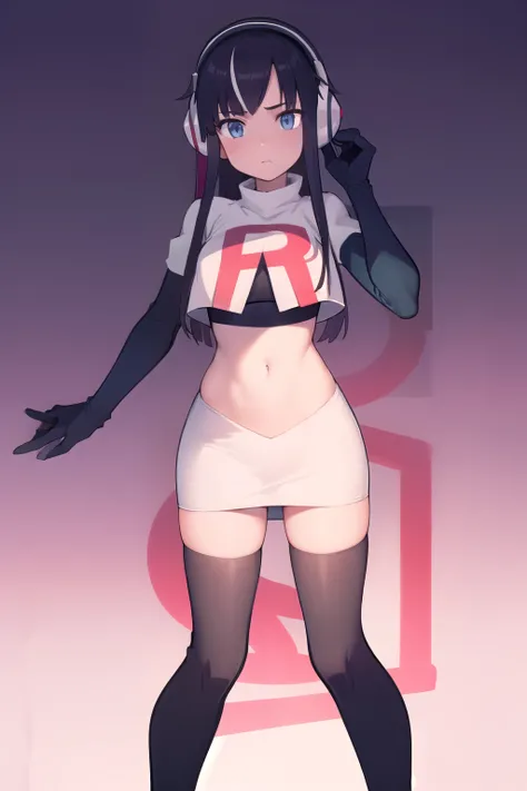 masterpiece, best quality, bw2elesa, black hair, blue eyes, streaked hair, long sidelocks, hair ornaments, headphones, team rocket,team rocket uniform,white skirt,red letter R,crop top,black thigh-highs,black elbow gloves, looking at viewer, 