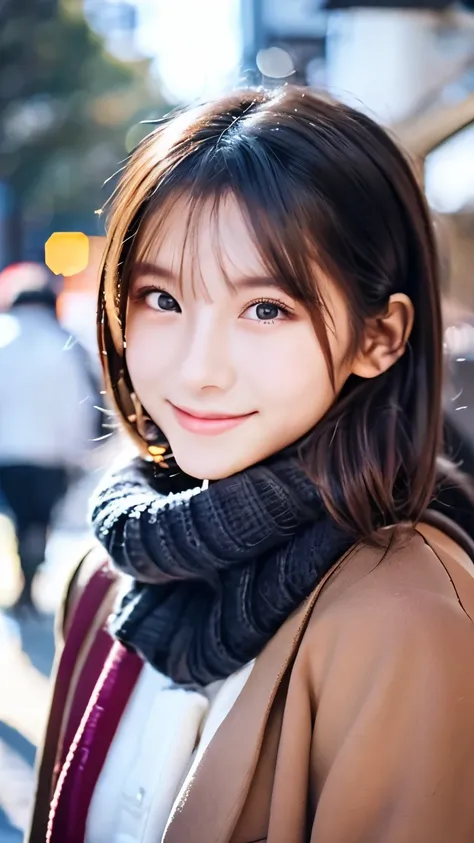 (Wore a winter uniform and scarf coat、 Close-up portrait of a girl with long hair and dull bangs:1.5)、(one person*** wearing a winter uniform and scarf coat spreads her arms and has a shy smile :1.5)、Age 25、( Christmas decorations on a street corner on a s...