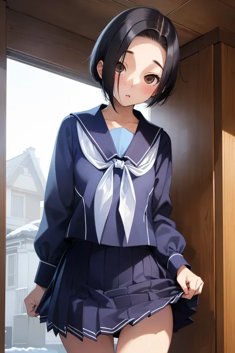 NSFW,masterpiece, best quality, high definition , very detailed,Ah-rinko 、 shorthair、 black hair、 bob cut 、 sailor suit 、Blue Shirt、 Long Sleeve 、 sailor color、white neckerchief、 pleated skirt、Blue Skirt,snow,blush