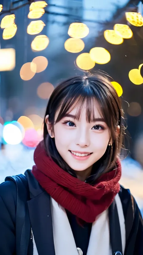 (Wore a winter uniform and scarf coat、 Close-up portrait of a girl with long hair and dull bangs:1.5)、(one person*** wearing a winter uniform and scarf coat spreads her arms and has a shy smile :1.5)、Age 25、( Christmas decorations on a street corner on a s...