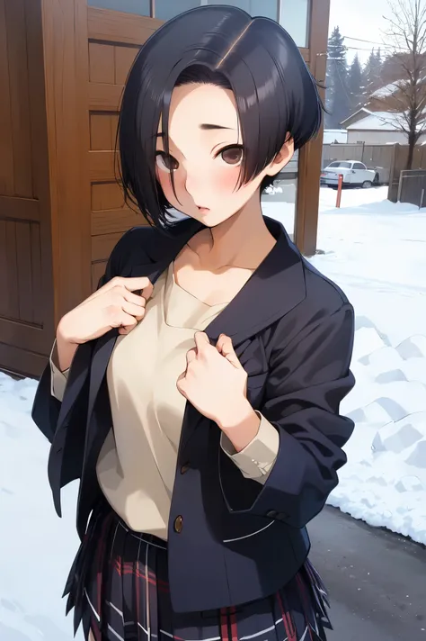 NSFW,masterpiece, best quality, high definition , very detailed,Ah-rinko 、 shorthair、 black hair、 bob cut 、 comments, muffler , skirt,snow,blush