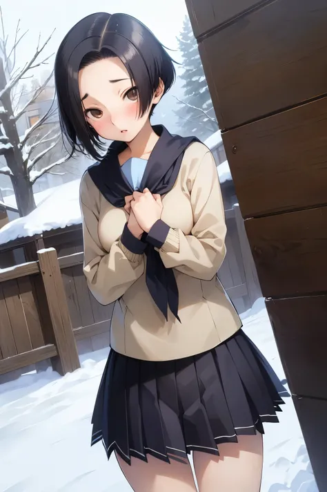 NSFW,masterpiece, best quality, high definition , very detailed,Ah-rinko 、 shorthair、 black hair、 bob cut 、 comments, muffler , skirt,snow,blush