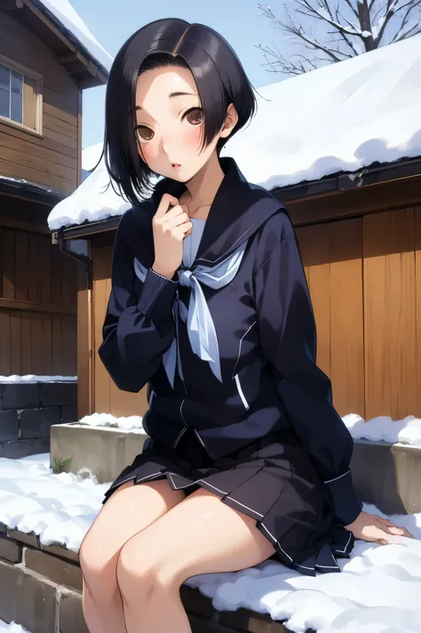 NSFW,masterpiece, best quality, high definition , very detailed,Ah-rinko 、 shorthair、 black hair、 bob cut 、 comments, muffler , skirt,snow,blush