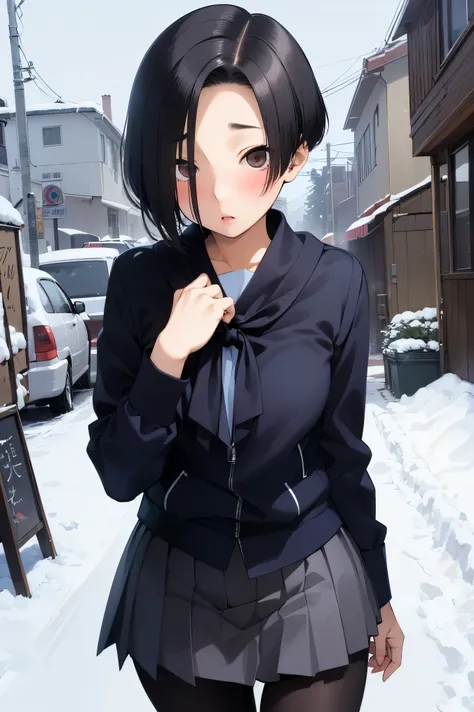 NSFW,masterpiece, best quality, high definition , very detailed,Ah-rinko 、 shorthair、 black hair、 bob cut 、 comments, muffler , skirt, pantyhose,snow,blush