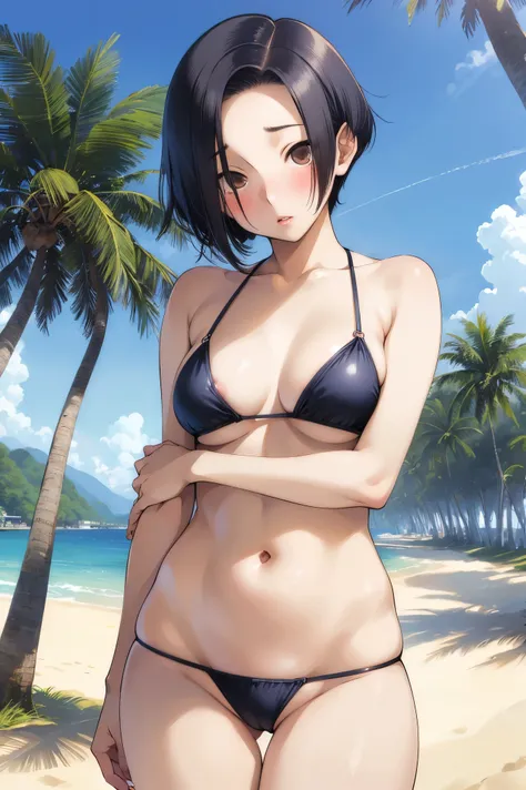 NSFW,masterpiece, best quality, high definition , very detailed,Ah-rinko 、 shorthair、 black hair、 bob cut 、bikini,beach, palm trees,Beach House,Embarrassed,blush