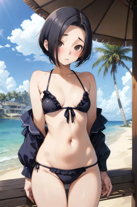 NSFW,masterpiece, best quality, high definition , very detailed,Ah-rinko 、 shorthair、 black hair、 bob cut 、 frill bikini,beach, palm trees,Beach House,Embarrassed,blush