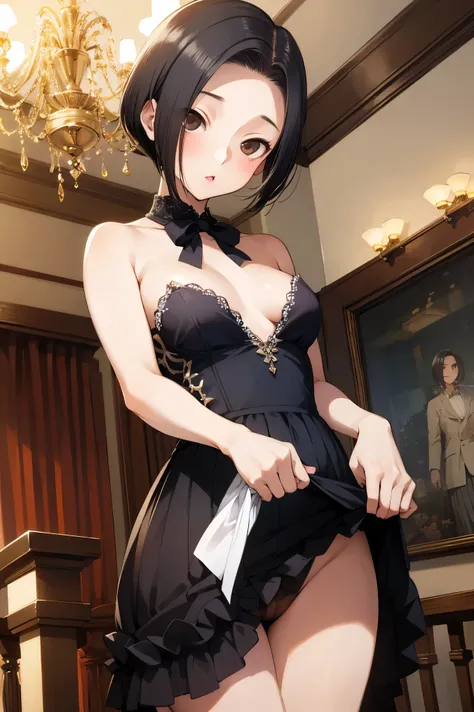 NSFW,masterpiece, best quality, high definition , very detailed,Ah-rinko 、 shorthair、 black hair、 bob cut 、 evening dress, Mini Skirt,Luxurious mansion, chandeliers 