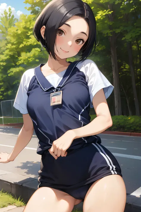 NSFW,masterpiece, best quality, high definition , very detailed,Ah-rinko 、 shorthair、 black hair、 bob cut 、Gym clothes,Short sleeve,Bloomers,smile,sweat,School,Ground