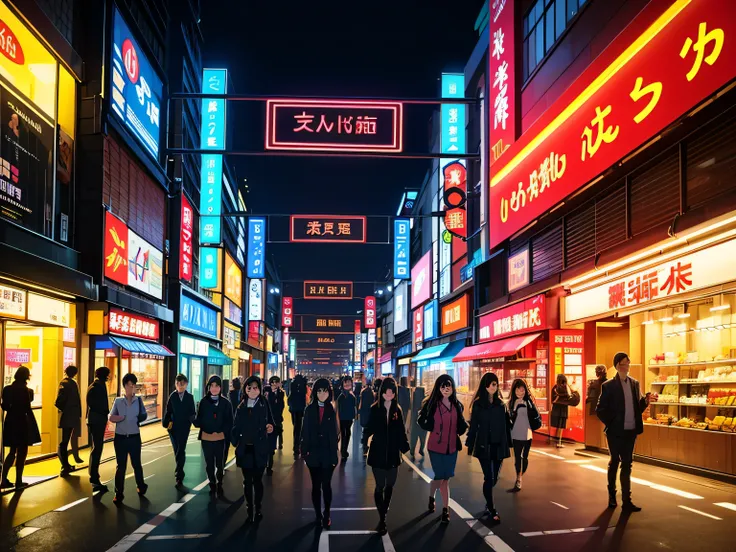 (masterpiece), best quality, busy modern street in tokyo, shops, signs and neon lights, at night, high res, ultrasharp, 8k