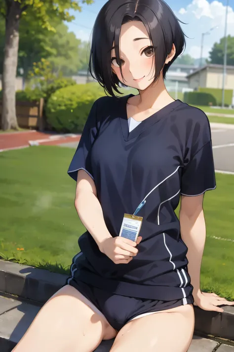 NSFW,masterpiece, best quality, high definition , very detailed,Ah-rinko 、 shorthair、 black hair、 bob cut 、Gym clothes,Bloomers,smile,sweat,School,Ground