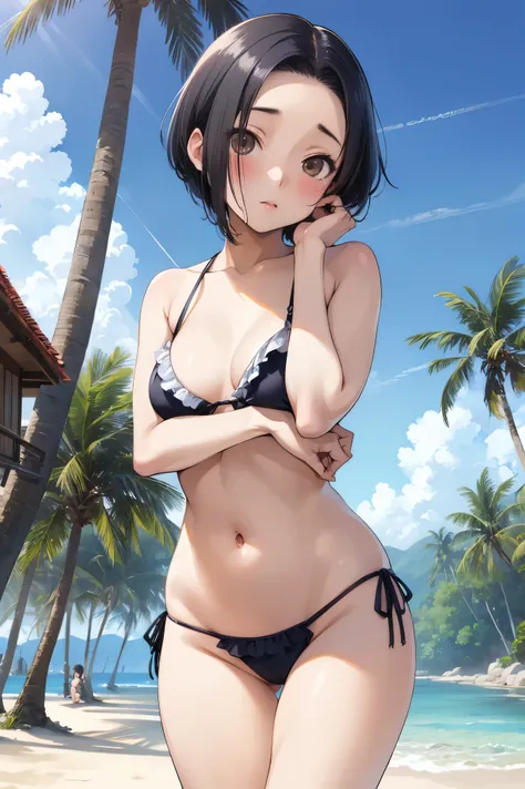 NSFW,masterpiece, best quality, high definition , very detailed,Ah-rinko 、 shorthair、 black hair、 bob cut 、 frill bikini,beach, palm trees,Beach House,Embarrassed,blush