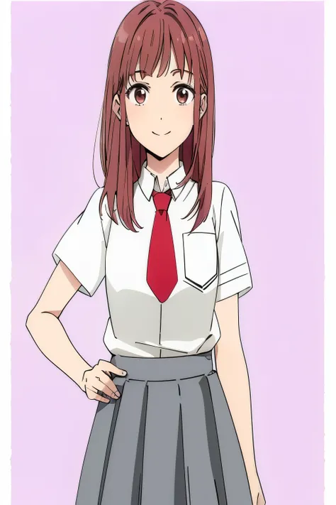 high quality, definition, light smile white button down uniform shirt, red tie, pinkish brown eyes, medium length hair, reddish brown hair color, gray slit skirt, fair skin,