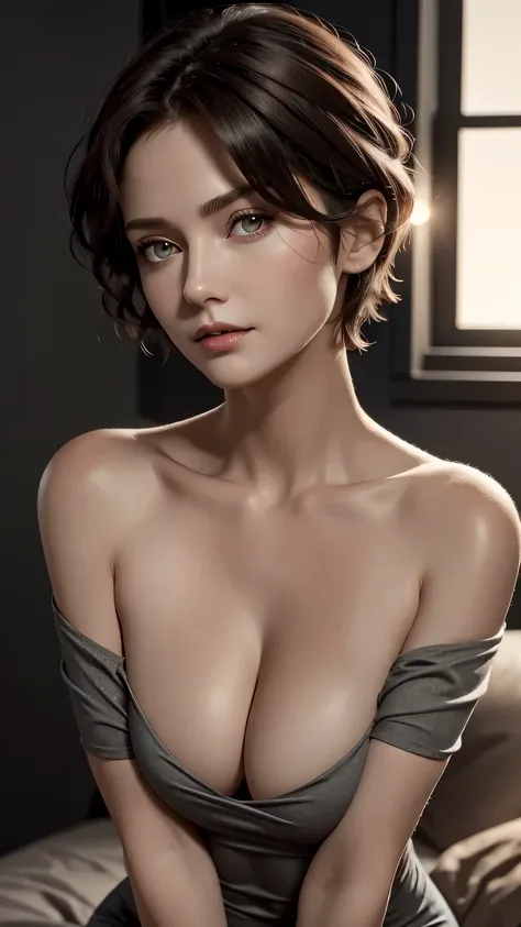 Skin Tight Black Top:1.2、look at viewer、cinematic lighting、perfect、soft light、High resolution skin:1.2、realistic skin texture、30 year old mature woman、small face、no makeup、off shoulder、Bust B Cup、 exposed cleavage、red eyes、short hair、dark brown hair、full n...