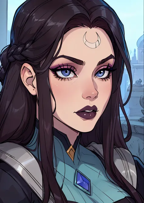 masterpiece, best quality, 1female, beautiful, face portrait, deep makeup, 1girl, face focus, long hair, dark hair, lipstick, goth, diana (league of legends), makeup, pale skin, straight hair, gray eyes, braided hair